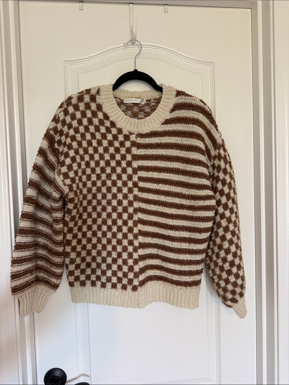 Altar'd State Brown and Cream Checker-Stripe Crewneck Sweater